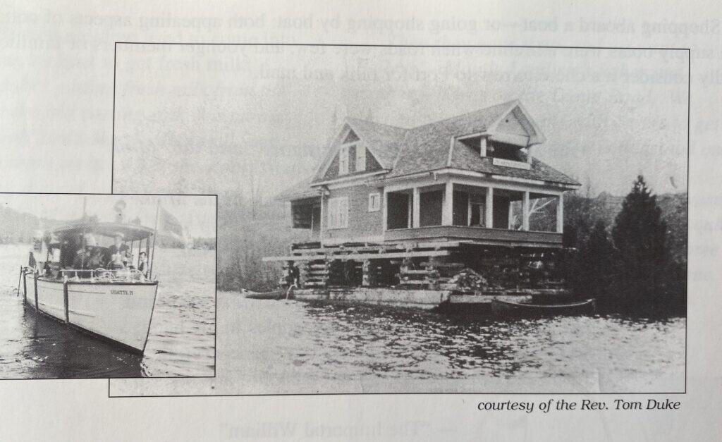 Historic Muskoka cottage on the water with classic architecture and lakeside views.