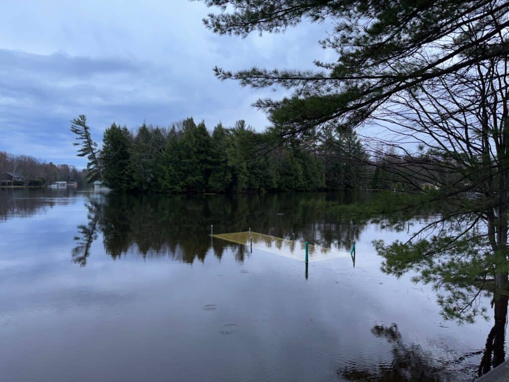 A flooded dock at Patterson Kaye Resort in Bracebridge during spring flooding