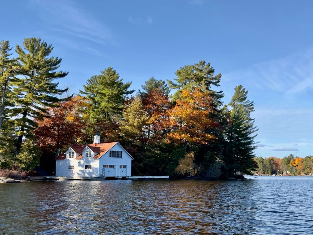 Historic boathouse on Stewarts Island near Bala on Lake Muskoka in autumn
