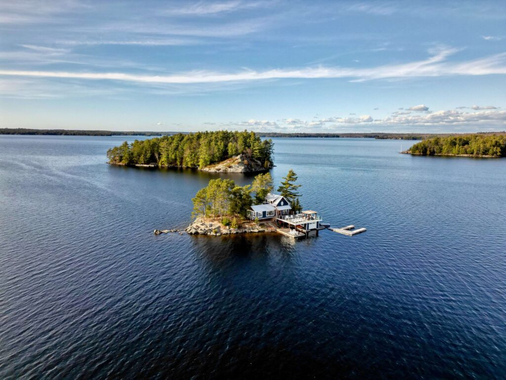 Aerial view of an island cottage on Lake Muskoka