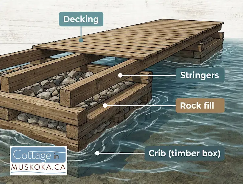 Crib dock components: cribs, rock fill, stringers, decking