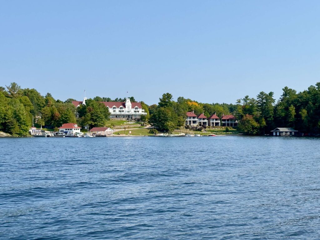 Windermere docks, Windermere Marina, and Windermere House, viewed from Lake Rosseau